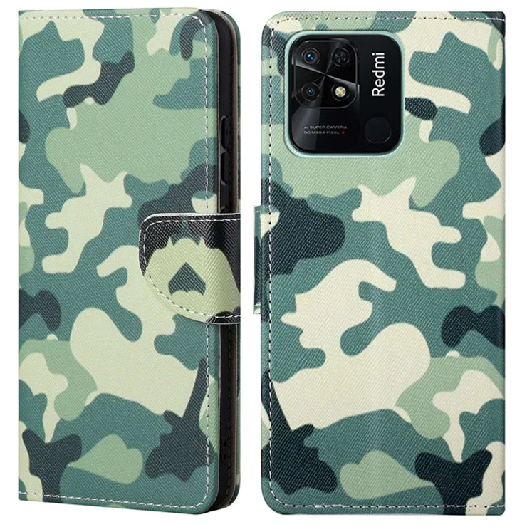 For Xiaomi Redmi 10C 4G Cross Texture Pattern Printing PU Leather Wallet Case Foldable Stand Phone Cover - Camouflage