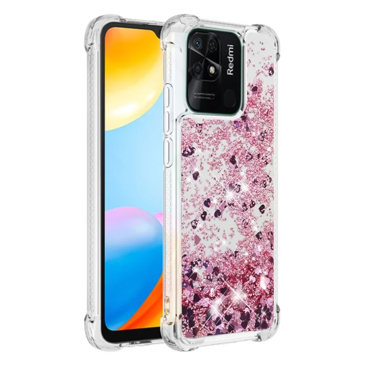 For Xiaomi Redmi 10C 4G TPU Case Glitter Quicksand Shockproof Phone Back Cover - Rose Gold / Hearts