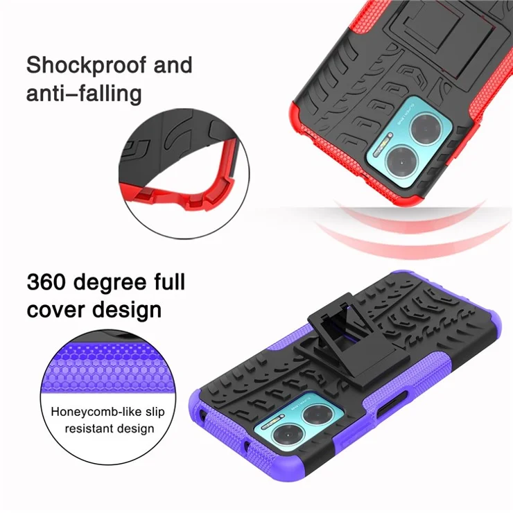 For Xiaomi Redmi Note 11E 5G / 10 5G / 10 Prime+ 5G Tire Texture Shock-Absorption Cover Kickstand Combo PC+TPU Dual Layer Design Protective Phone Case - Blue