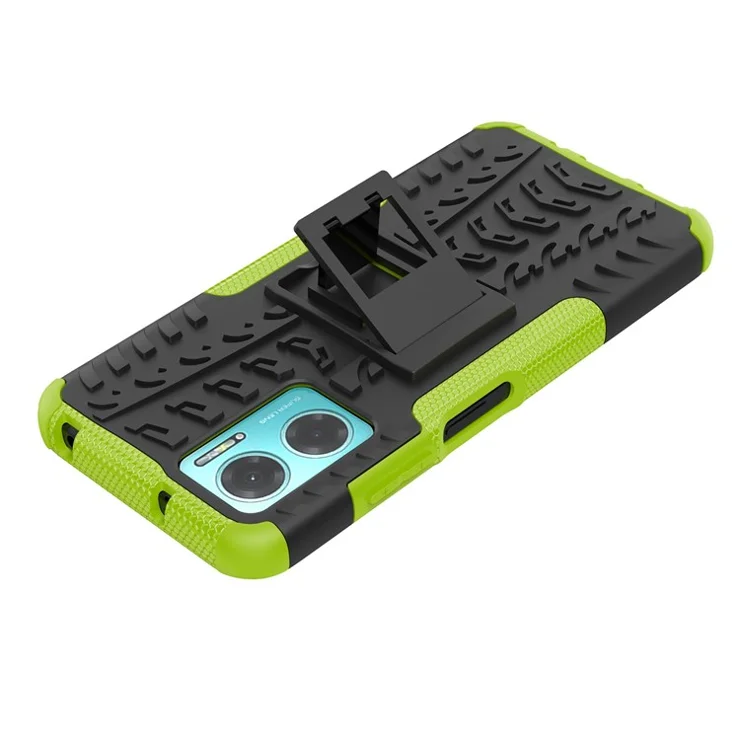 For Xiaomi Redmi Note 11E 5G / 10 5G / 10 Prime+ 5G Tire Texture Shock-Absorption Cover Kickstand Combo PC+TPU Dual Layer Design Protective Phone Case - Green