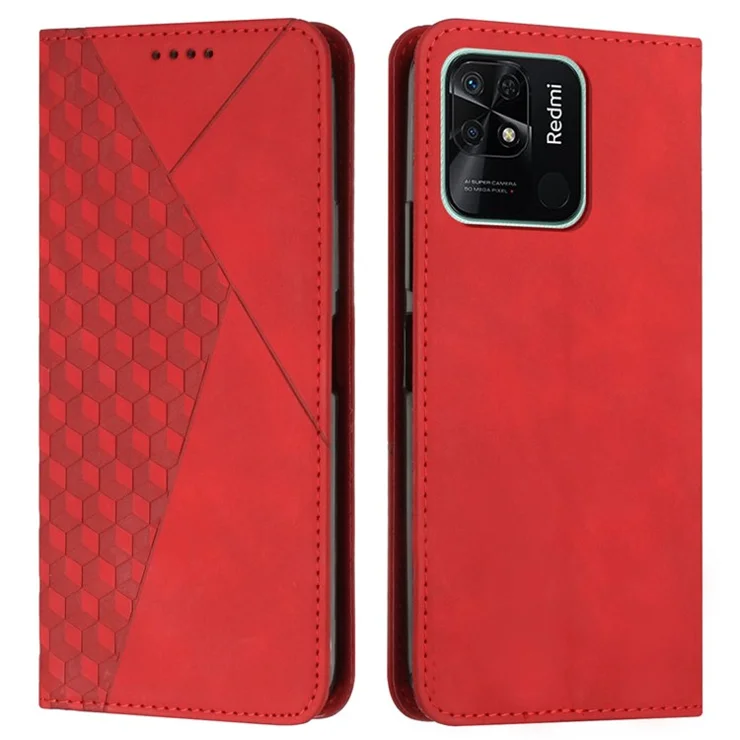 Phone Case for Xiaomi Redmi 10C 4G / Redmi 10 (India) PU Leather Rhombus Pattern Imprinted Shell with Stand and Wallet - Red