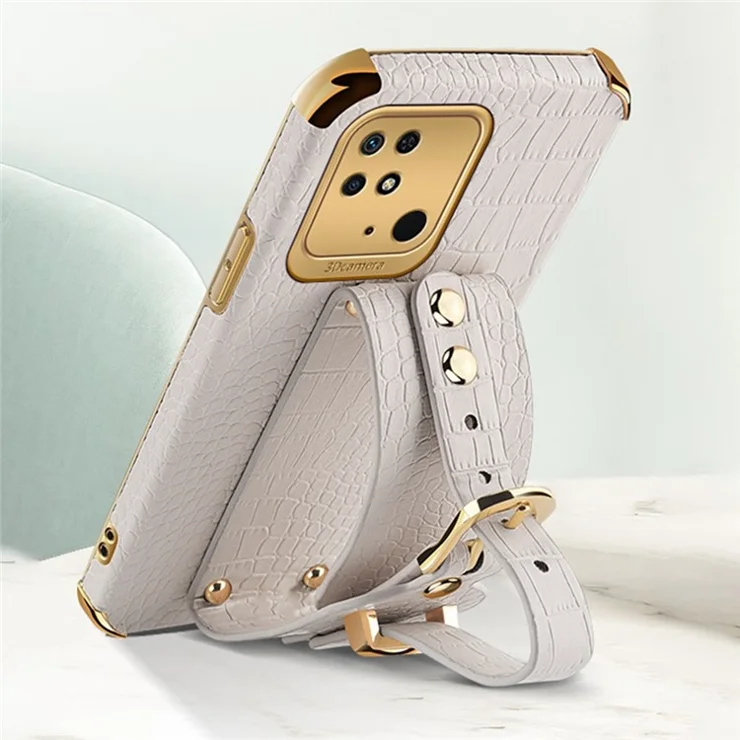 For Xiaomi Redmi 10C 4G Electroplating Crocodile Texture PU Leather Coated TPU Case Hand Strap Kickstand Phone Cover - Green