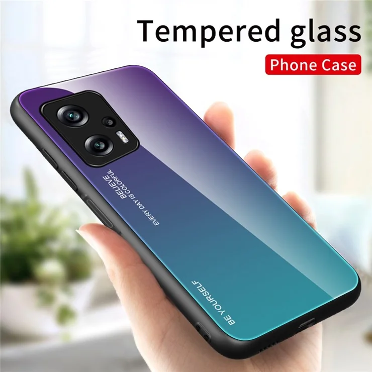 For Xiaomi Redmi Note 11T Pro 5G / Note 11T Pro+ 5G / Poco X4 GT 5G / Redmi K50i 5G Scratch-resistant Anti-fall Phone Shell Gradient Color Tempered Glass Back + Soft TPU Edge Case - Purple / Blue