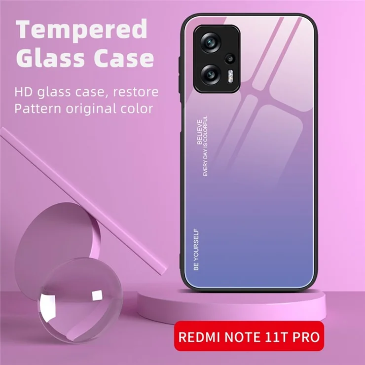 For Xiaomi Redmi Note 11T Pro 5G / Note 11T Pro+ 5G / Poco X4 GT 5G / Redmi K50i 5G Scratch-resistant Anti-fall Phone Shell Gradient Color Tempered Glass Back + Soft TPU Edge Case - Purple / Blue