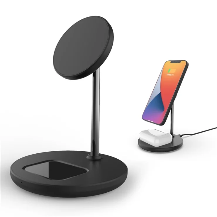 QX720 2 in 1 15W Fast Charging Magnetic Wireless Charger Stand for iPhone AirPods - Black