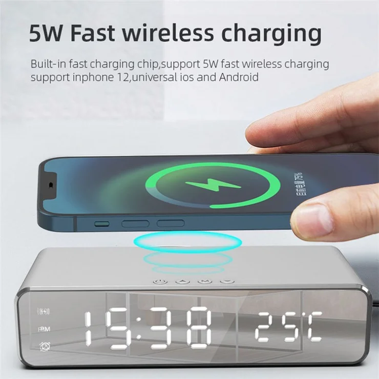 HYY-WX03 Multifunctional Desktop LED Digital Display Alarm Clock Mirror Surface Thermometer with Wireless Charger Function - Silver