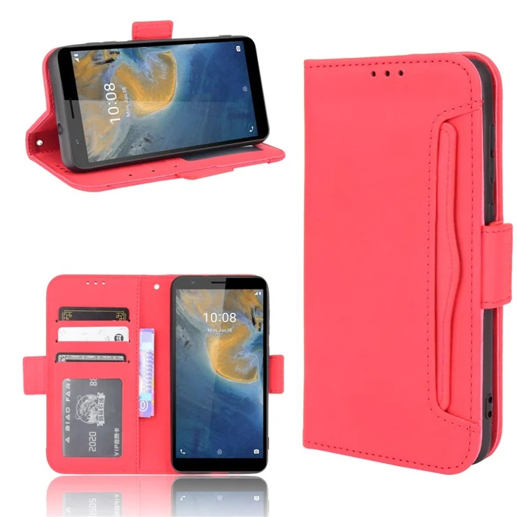 Multiple Card Slot Design PU Leather Flip Phone Case Wallet Stand Cover Shell for ZTE Blade A31 - Red