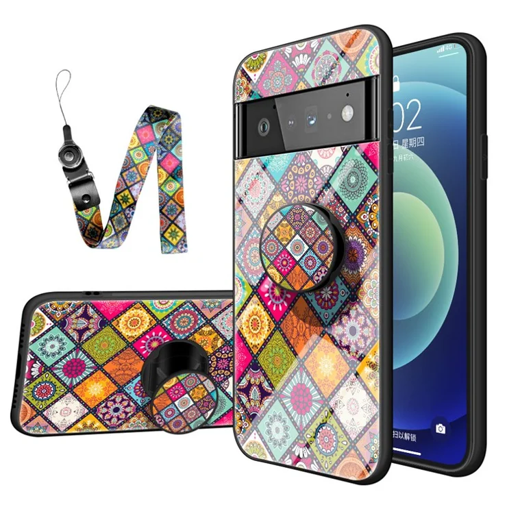 Colorful Flower Pattern Tempered Glass Hybrid Slim Lightweight Back Cover with Kickstand Strap for Google Pixel 6 Pro - Color Pattern