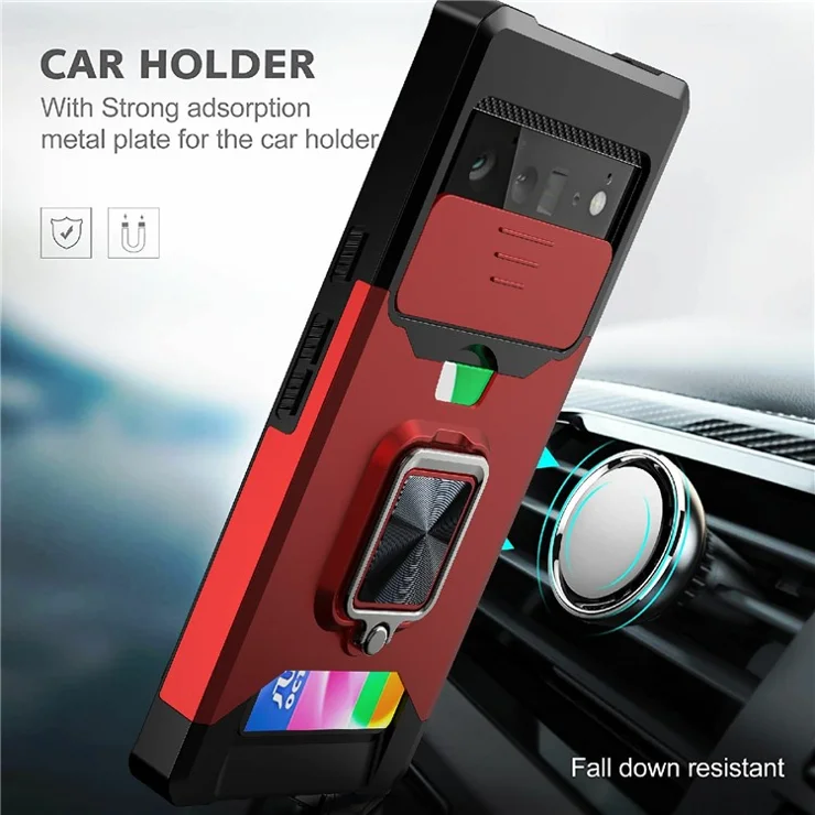 Card Slot Kickstand PC + TPU Hybrid Case Camera Slide Protector Phone Shell for Google Pixel 6 Pro - Black