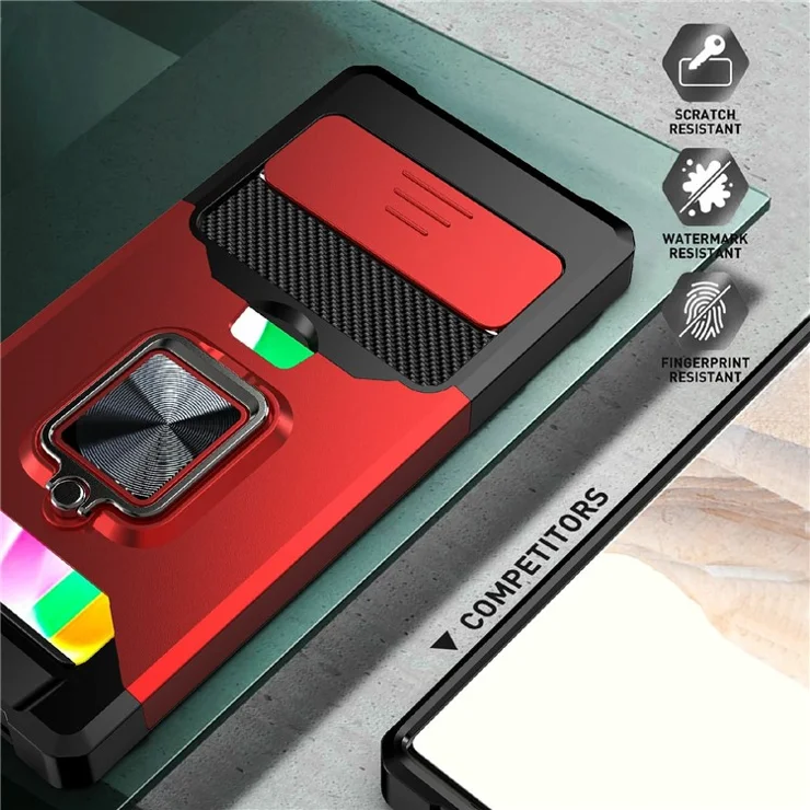 Card Slot Kickstand PC + TPU Hybrid Case Camera Slide Protector Phone Shell for Google Pixel 6 Pro - Black