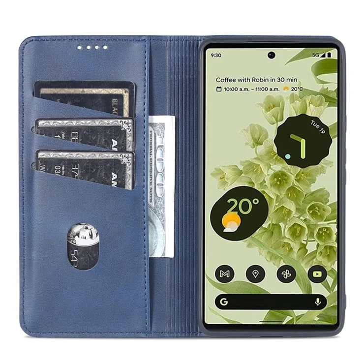 AZNS Smooth Wallet Design Durable PU Leather Shockproof Phone Cover Case for Google Pixel 6 Pro - Blue