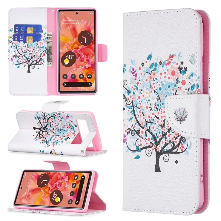 Pattern Printing PU Leather Wallet Folio Flip Cover Shockproof TPU Interior Stand Case for Google Pixel 6 - Flower Tree