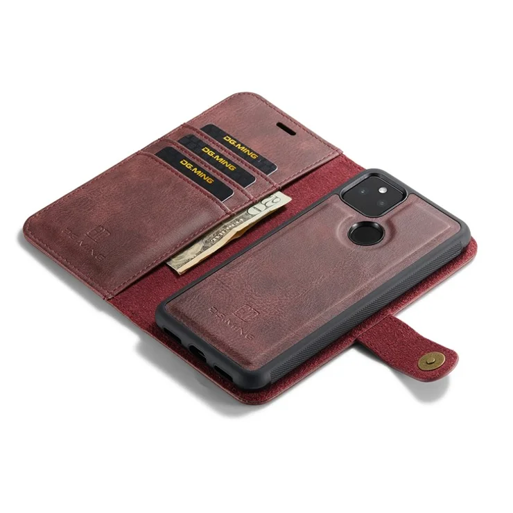DG.MING Anti-scratch Mobile Phone Bag Split Leather Wallet Full Protection Cover Shell Detachable 2-in-1 TPU Inner Phone Case for Google Pixel 5a 5G - Red