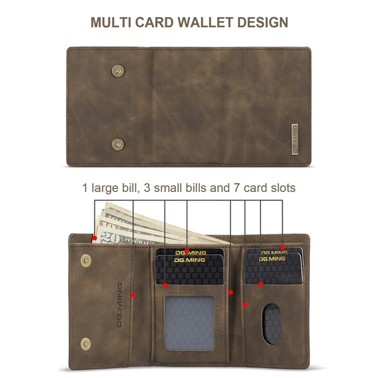 DG.MING M1 Series Multi-functional Magnetic Absorption Wallet + Anti-drop PU Leather Coated Phone Case with Kickstand for Google Pixel 6 - Coffee