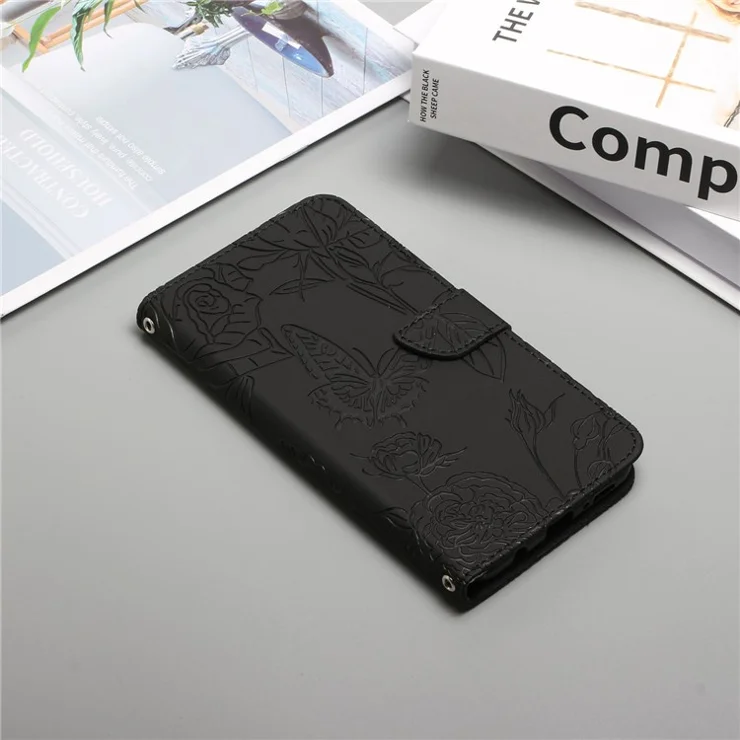 For Google Pixel 6a TPU+PU Leather Phone Case, Skin-touch Feeling Stand Butterfly Flowers Imprinting Pattern Wallet Cover with Shoulder Strap - Black