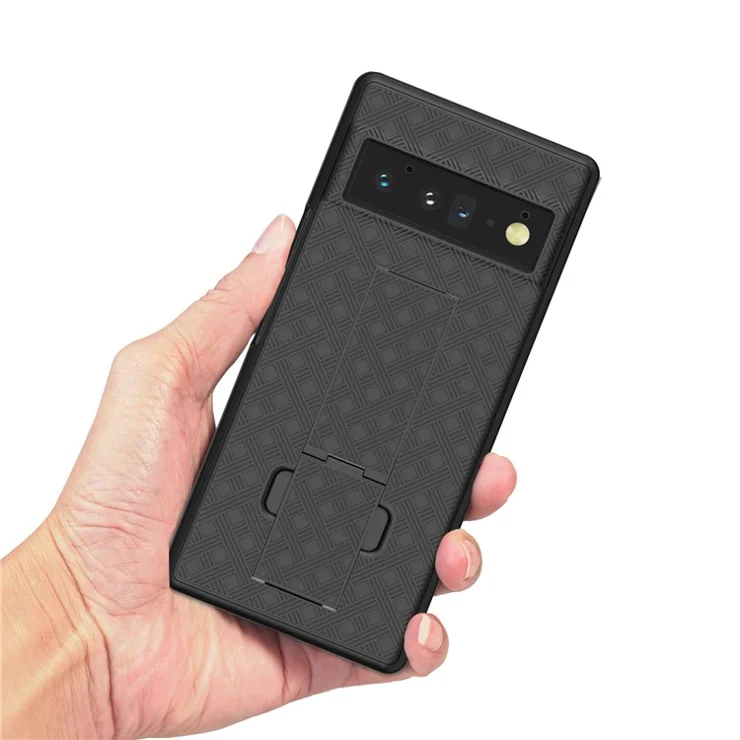 For Google Pixel 6 Pro Screen Sliding Cover Woven Texture PC + TPU Phone Case with Rotary Clip Kickstand