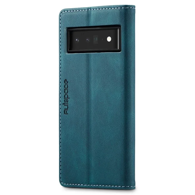 AUTSPACE A01 Series for Google Pixel 6 Pro PU Leather Case RFID Blocking Retro Wallet Stand Flip Cover - Blue