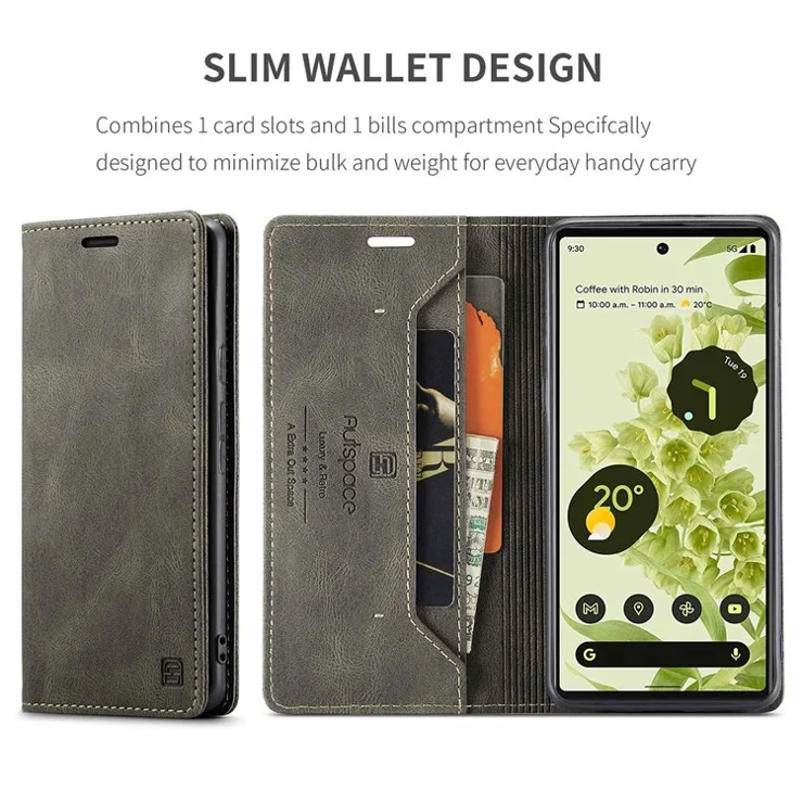 AUTSPACE A01 Series for Google Pixel 6 PU Leather Case RFID Blocking Wallet Stand Flip Cover - Coffee