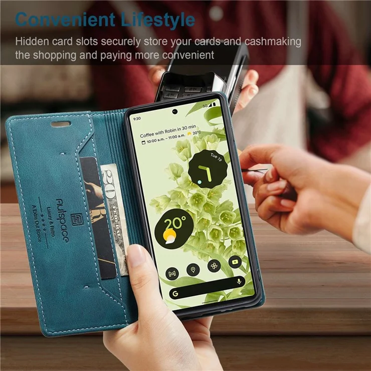 AUTSPACE A01 Series for Google Pixel 6 PU Leather Case RFID Blocking Wallet Stand Flip Cover - Blue