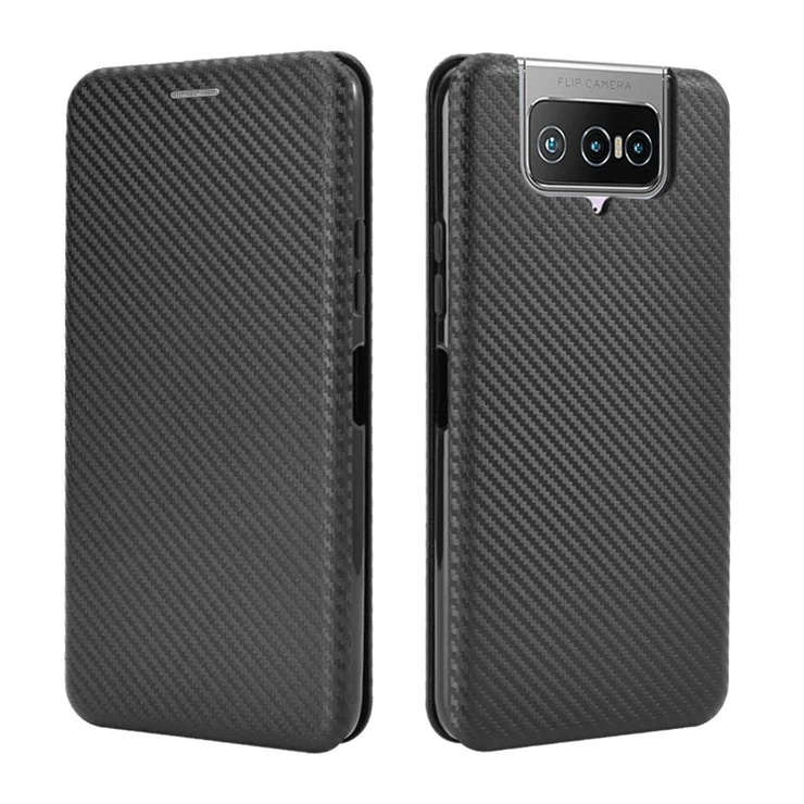 Auto-absorbed Carbon Fiber Texture Stand Leather Case with Card Slot for Asus Zenfone 7 ZS670KS/7 Pro ZS671KS - Black