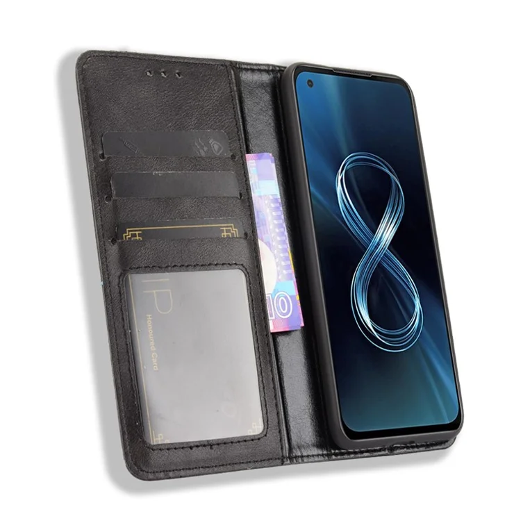 Vintage Style Magnetic Auto-absorbed Phone Wallet Stand Leather Case Cover for Asus Zenfone 8 ZS590KS - Black