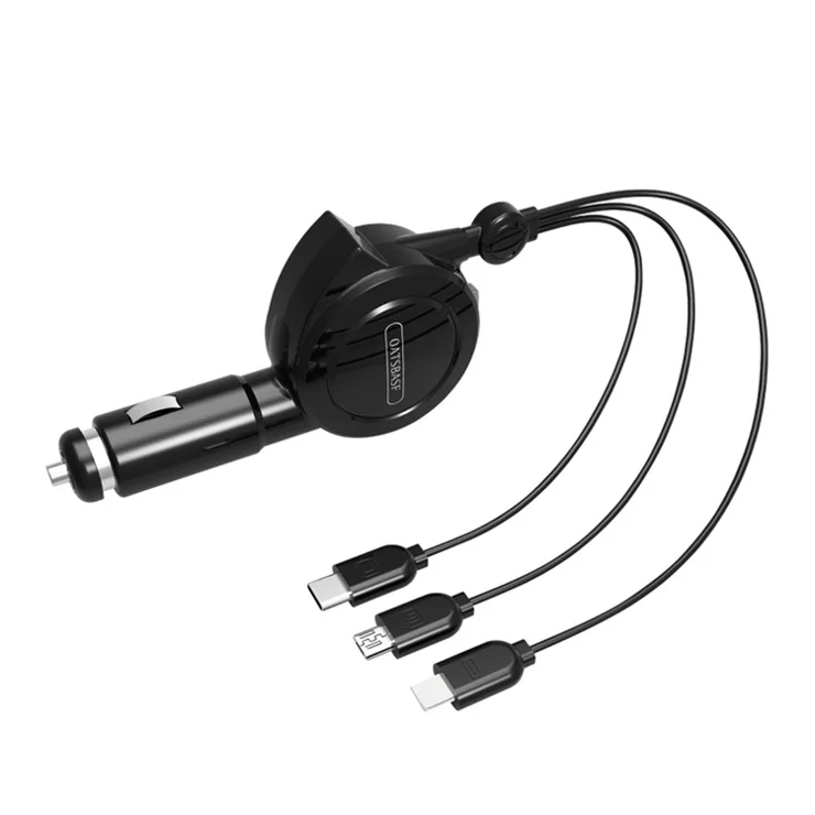 SUMI-TAP 1.5m Retractable 3 in 1 Car Charger Quick Charging USB Cable with Type C Micro USB Lightning Port Connectors - Black