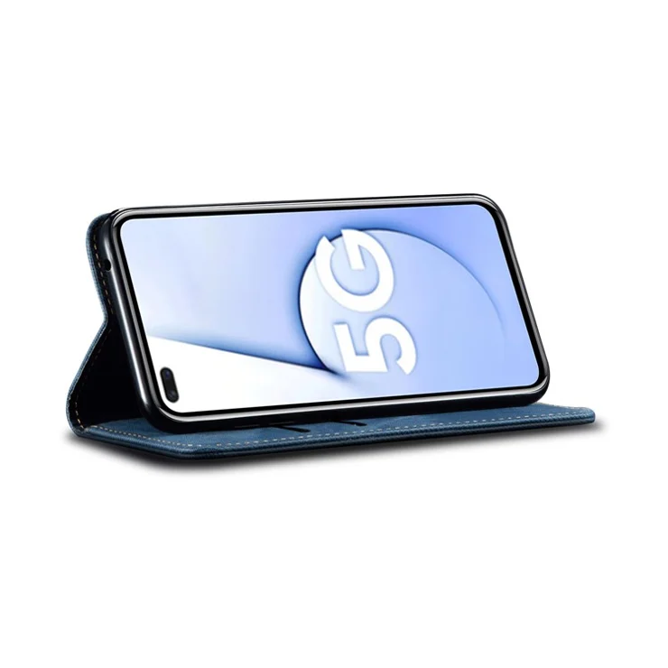 Jeans Cloth Texture Leisure Style Cell Phone Leather Case with Wallet and Stand for Realme 7 (Asia)/(Global) - Blue