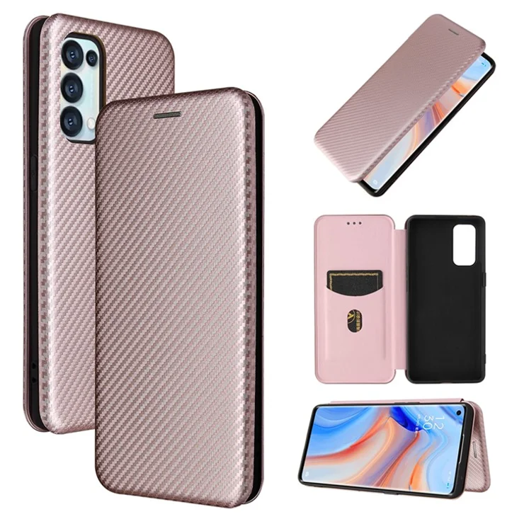 Full Coverage Auto-absorbed Carbon Fiber Leather Card Holder Cover Case for OPPO Reno 5 5G/Reno5 4G/Reno5 K/Find X3 Lite - Rose Gold