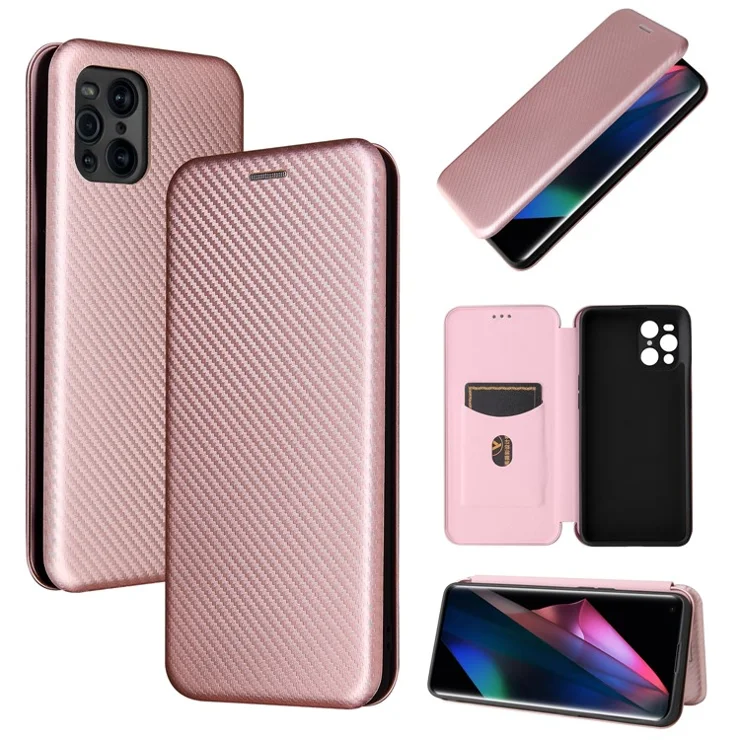 Carbon Fiber Texture Leather Auto-absorbed Case with Card Holder and Ring Strap for Oppo Find X3/Find X3 Pro - Rose Gold
