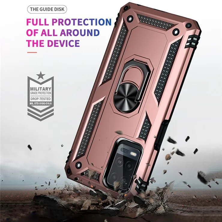 PC + TPU + Metal Hybrid Case Shockproof Phone Cover with Finger Ring Kickstand for Oppo A54 4G - Rose Gold