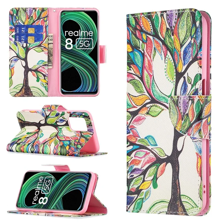Wallet Stand Design Folio Flip Pattern Printing Magnetic Leather Case for Realme 8 5G/V13 5G/Narzo 30 5G - Life Tree