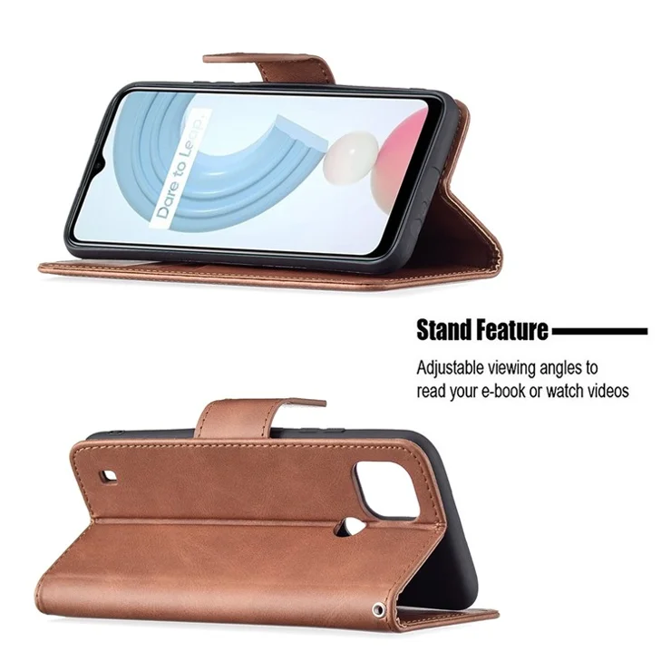 Magnetic Clasp Closure Stylish PU Leather Smartphone Wallet Stand Case [with Fingerprint Hole] for Realme C21/C20 - Brown