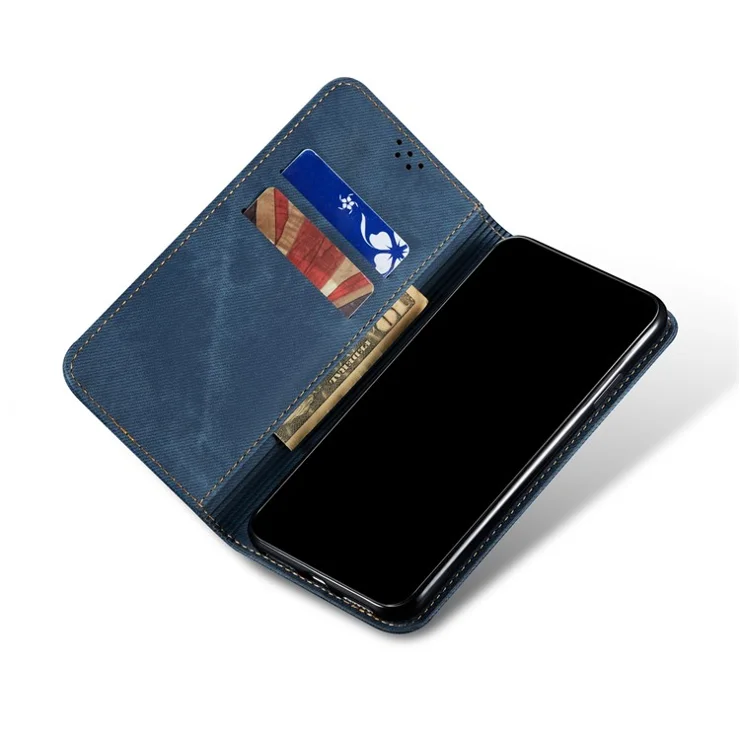 Jeans Cloth Texture Auto-absorbed Shockproof Wallet Design Full Body Protection Leather Phone Case with Stand for vivo Y21/Y33s - Blue