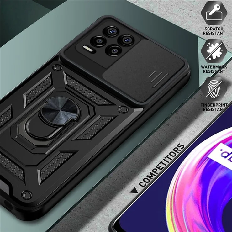 Kickstand PC + TPU Shockproof Impact-Resistant Cover with Slide Lens Protection for Realme 8 / 8 Pro - Gold