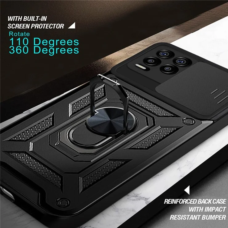 Kickstand PC + TPU Shockproof Impact-Resistant Cover with Slide Lens Protection for Realme 8 / 8 Pro - Gold