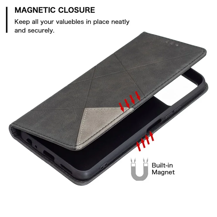 For vivo Y21 Scratch-Resistant Rhombus-Like Protective Phone Cover Imprinting Card Slots Design Leather Stand Phone Case - Black