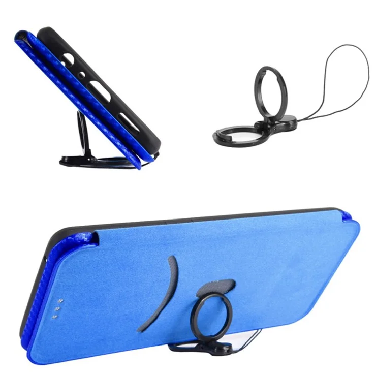 For vivo S10e/V23e Ring Strap Anti-fall Carbon Fiber Texture Auto-absorbed Magnetic Closure Leather Phone Case with Stand - Blue