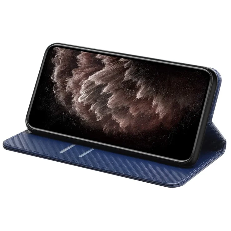 Carbon Fiber Texture PU Leather Case Auto Magnetic Closed Flip Stand Wallet Cover for Realme C21 - Blue
