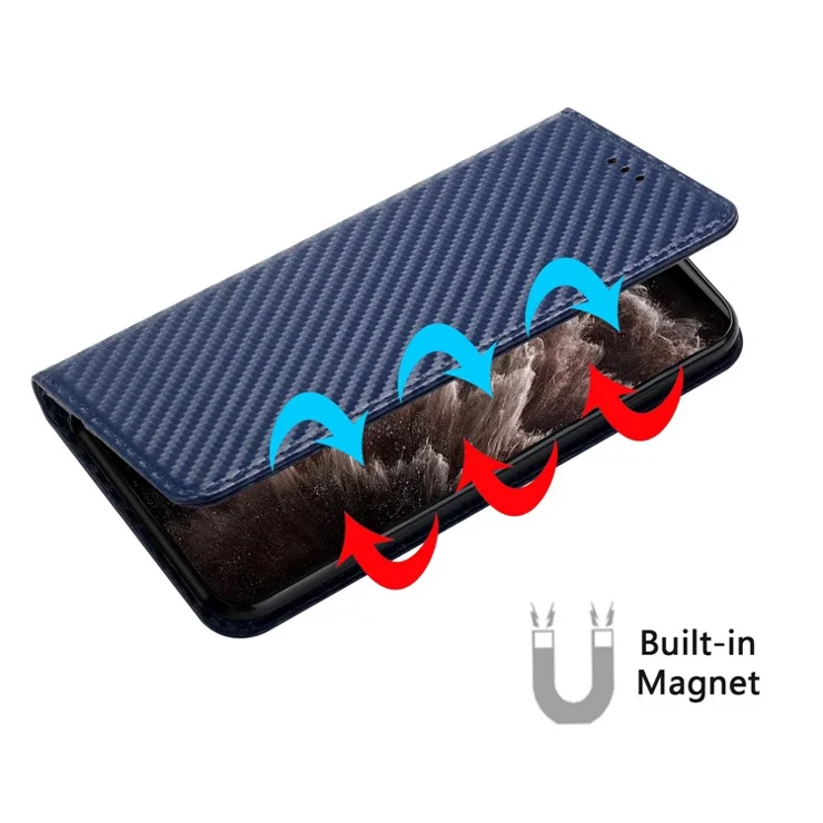 Carbon Fiber Texture PU Leather Case Auto Magnetic Closed Flip Stand Wallet Cover for Realme C21 - Blue
