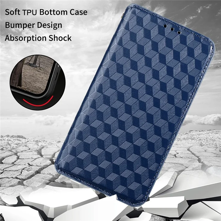 Imprinting 3D Rhombus Pattern Stand Wallet Leather Case Magnetic Auto Closing Phone Cover for Oppo Reno6 Pro+ 5G/Reno6 Pro 5G (Snapdragon) - Blue