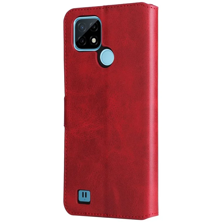 Textured Auto-absorbed Leather Case Magnetic Mobile Phone Full Protective Wallet Cover with Stand for Realme C21Y/C21/C25Y - Red
