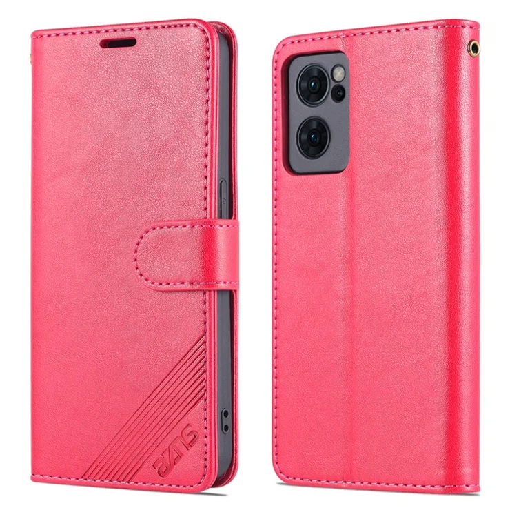 AZNS Textured PU Leather Flip Folio Book Stand Phone Case TPU Shockproof Folio Cover with Wallet for Oppo Reno7 SE 5G - Red