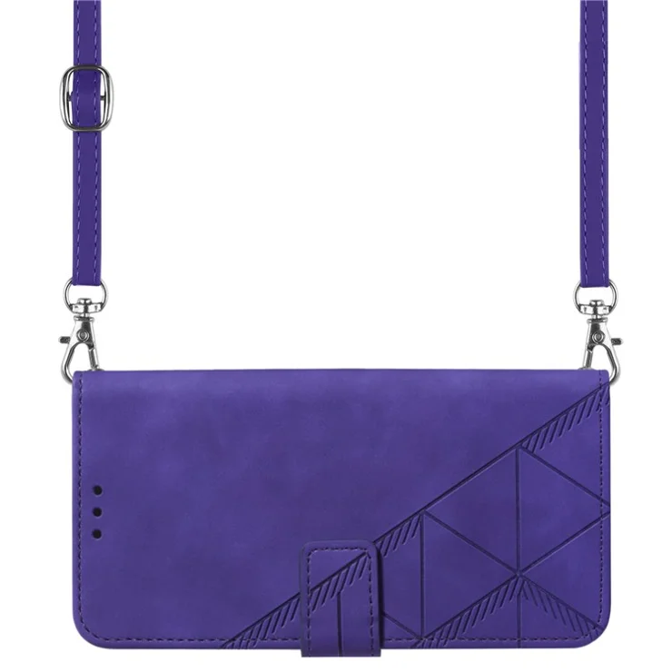 For Oppo A16/A16s/A54s/A55 5G/A53s 5G PB2-1 Series Lines Imprinting Shock Absorption Cellphone Case with Shoulder Strap PU Leather+TPU Stand Wallet Flip Protective Cover - Purple