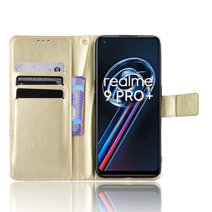 For Realme 9 Pro 5G / V25 5G / 9 5G (Global Version) / 9 5G (EU Version) Drop-proof Crazy Horse Leather Phone Case Well-protected Wallet Stand Function Shell with Strap - Gold