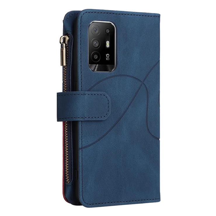 For Oppo A94 5G / F19 Pro+ 5G / Reno Z / A95 5G / Reno5 Lite Leather Case with Strap Zipper 9 Card Slot Phone Cover Stand - Blue