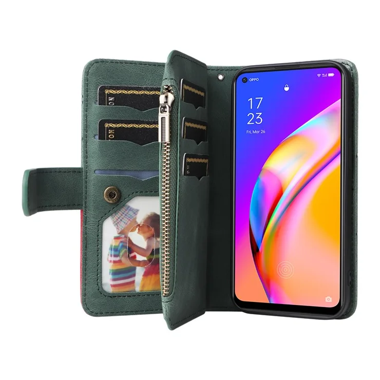 For Oppo A94 5G / F19 Pro+ 5G / Reno Z / A95 5G / Reno5 Lite Leather Case with Strap Zipper 9 Card Slot Phone Cover Stand - Green
