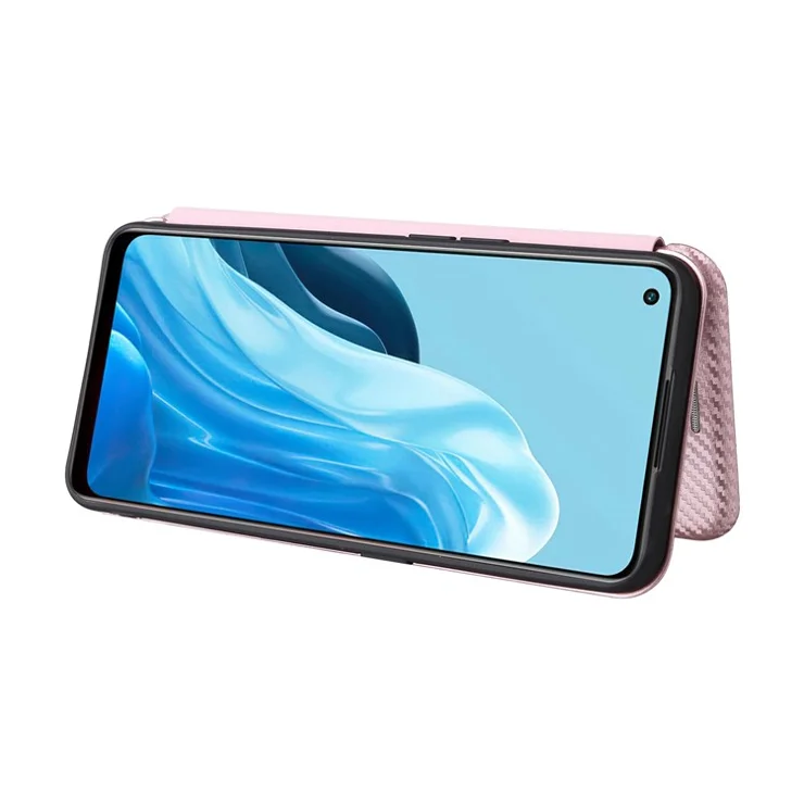 For Oppo Find X5 Lite/Reno7 SE 5G/Reno7 5G (Global) Carbon Fiber Texture Phone Case Anti-scratch PU Leather Magnetic Absorption Anti-fall Stand Shell with Card Slot - Rose Gold