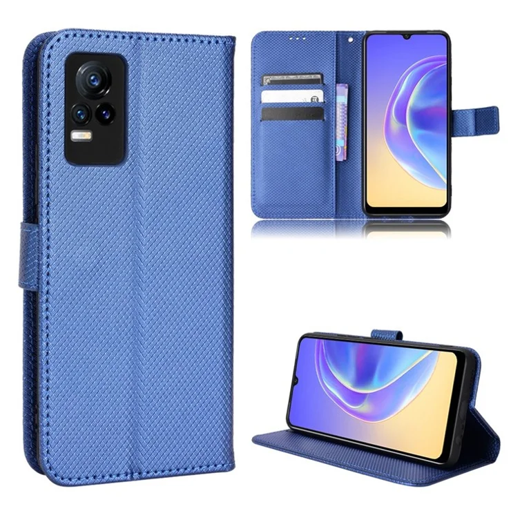 For vivo V21e 4G/Y73 Magnetic PU Leather Wallet Case Diamond Texture Stand Protective Shockproof TPU Folio Cover with Strap - Blue
