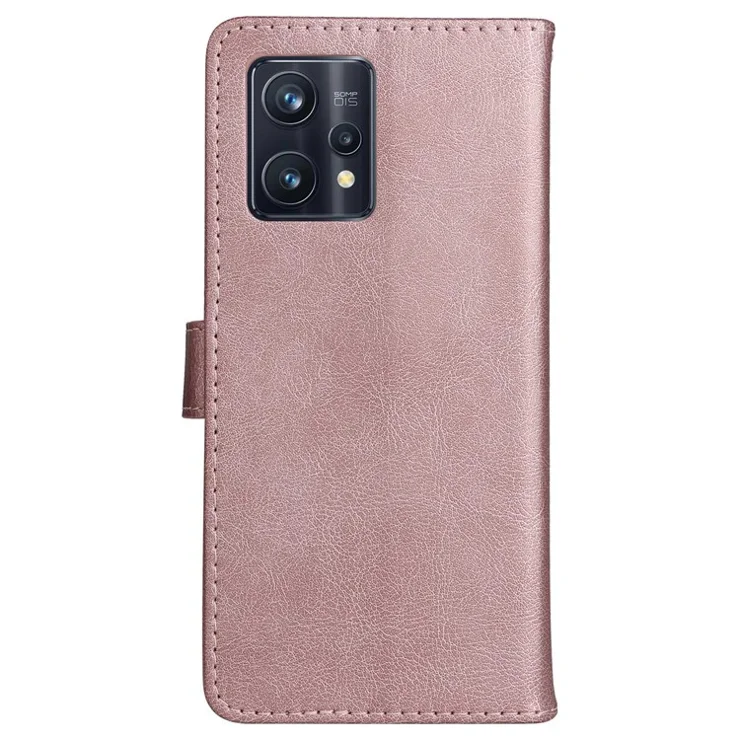 For Realme 9 Pro+ Case Solid Color Leather Mobile Cover Wallet Stand with Strap - Rose Gold