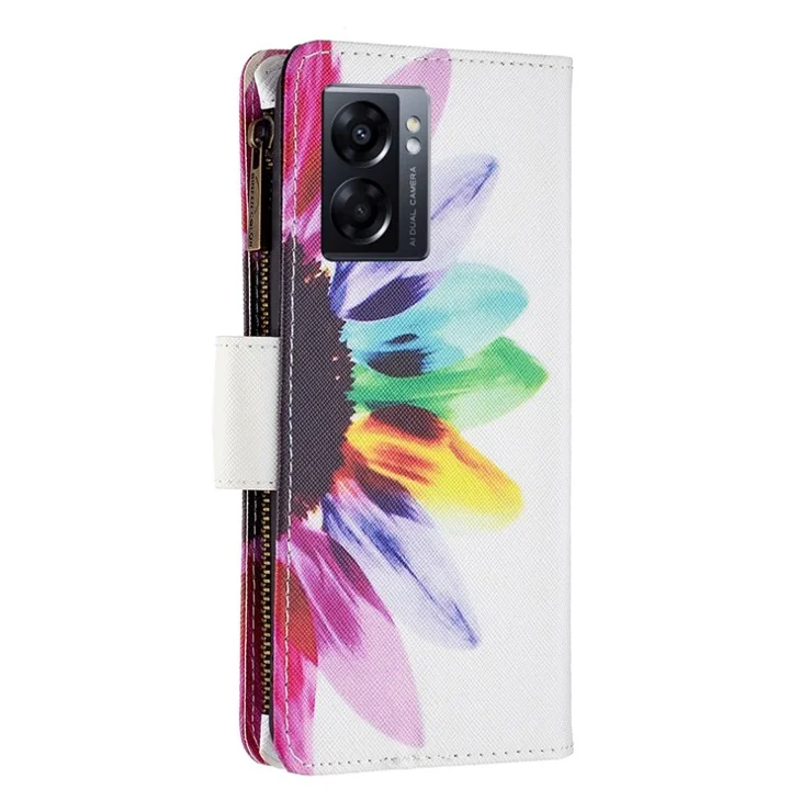For Oppo A57 (2022) 5G / A77 5G Leather Case with Strap Pattern Printing Zipper Wallet Phone Stand Cover - Sunflower